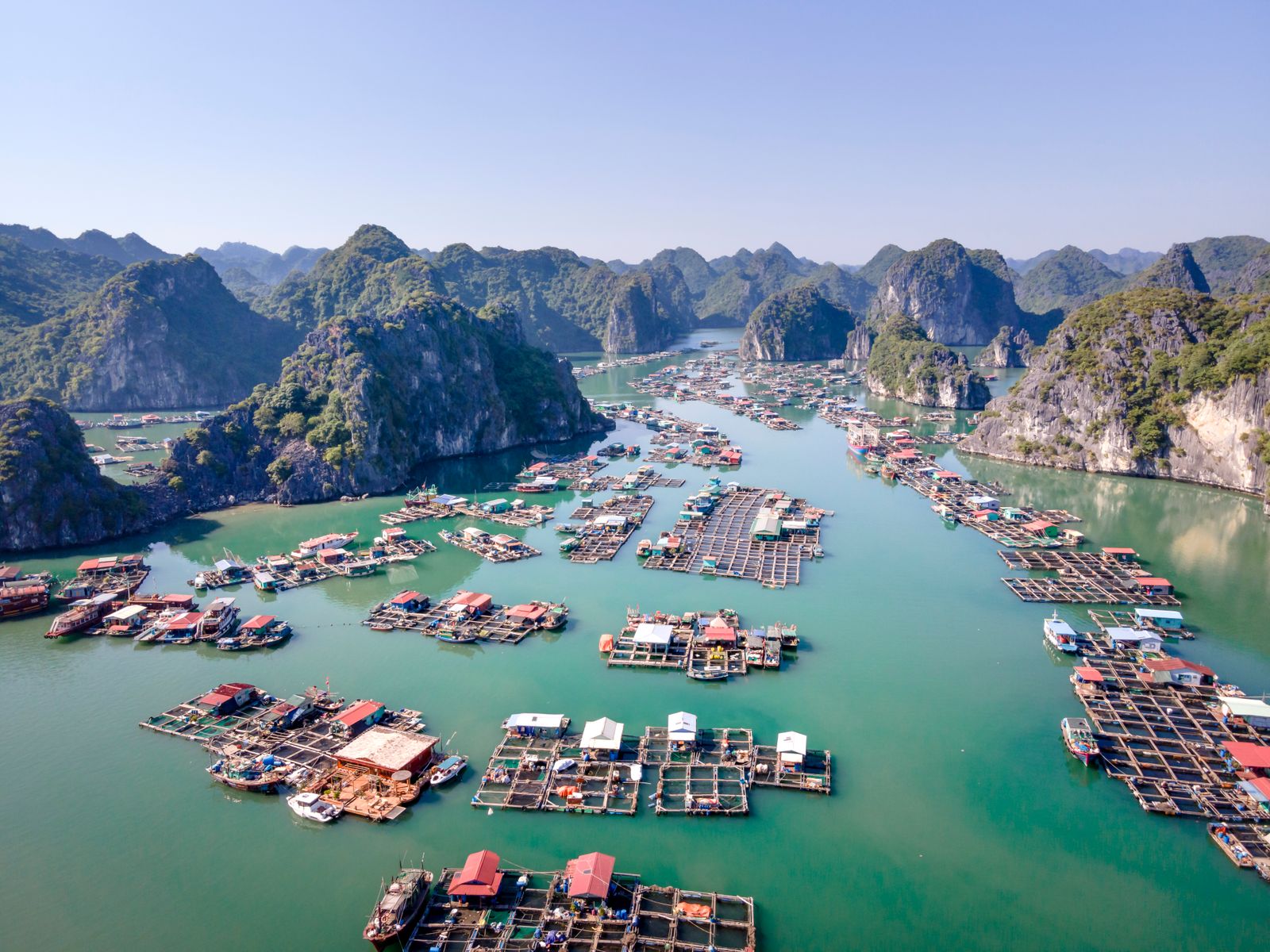 Aerial view of Lan Ha Bay with floating fishing villages, northern Vietnam